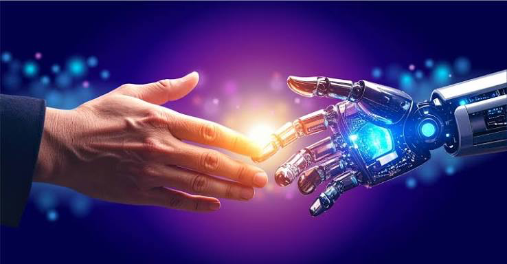 A human hand and a robotic hand reaching toward each other