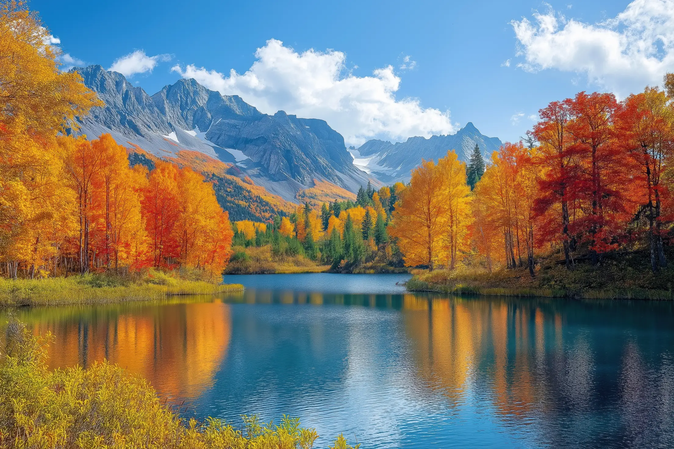 An autumn lake beneath mountains, trees in orange and gold